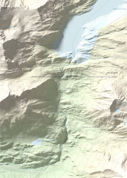 Mapa de relieve de Puig Occidental de Coll Roig, 2833 m, Cerdanya Nord, lámina 100 Cims de Trobart. Detalle de la zona superior izquierda. 50 × 70 cm.