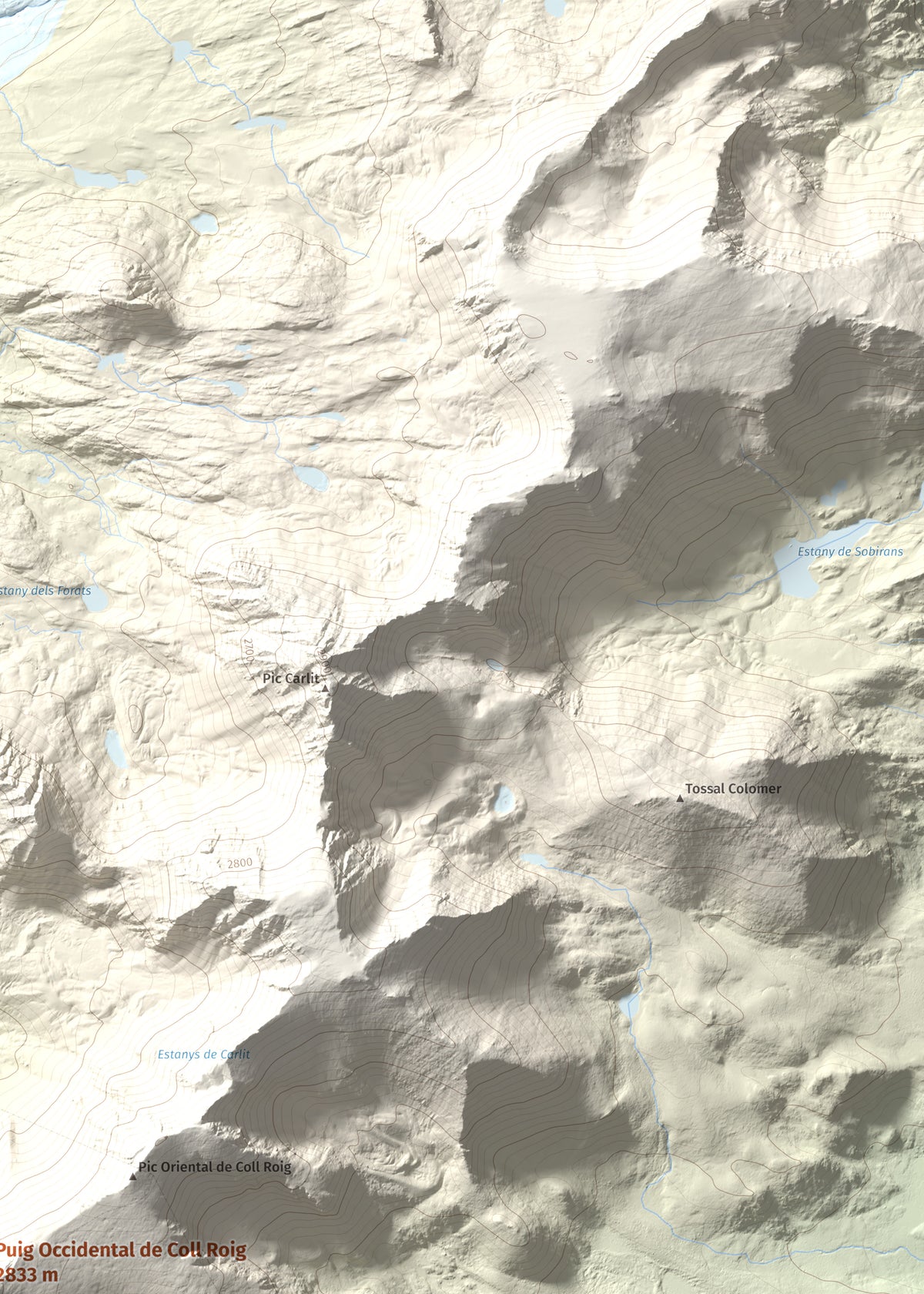 Mapa de relieve de Puig Occidental de Coll Roig, 2833 m, Cerdanya Nord, lámina 100 Cims de Trobart. Detalle de la zona superior derecha. 50 × 70 cm.