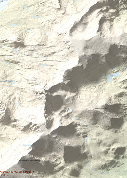 Mapa de relieve de Puig Occidental de Coll Roig, 2833 m, Cerdanya Nord, lámina 100 Cims de Trobart. Detalle de la zona superior derecha. 50 × 70 cm.