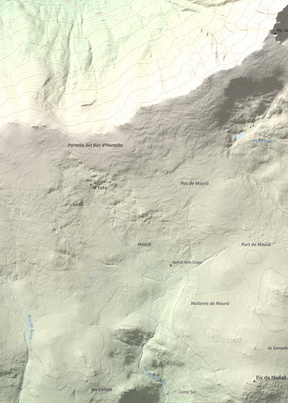 Mapa de relieve de Puig Occidental de Coll Roig, 2833 m, Cerdanya Nord, lámina 100 Cims de Trobart. Detalle de la zona inferior izquierda. 50 × 70 cm.