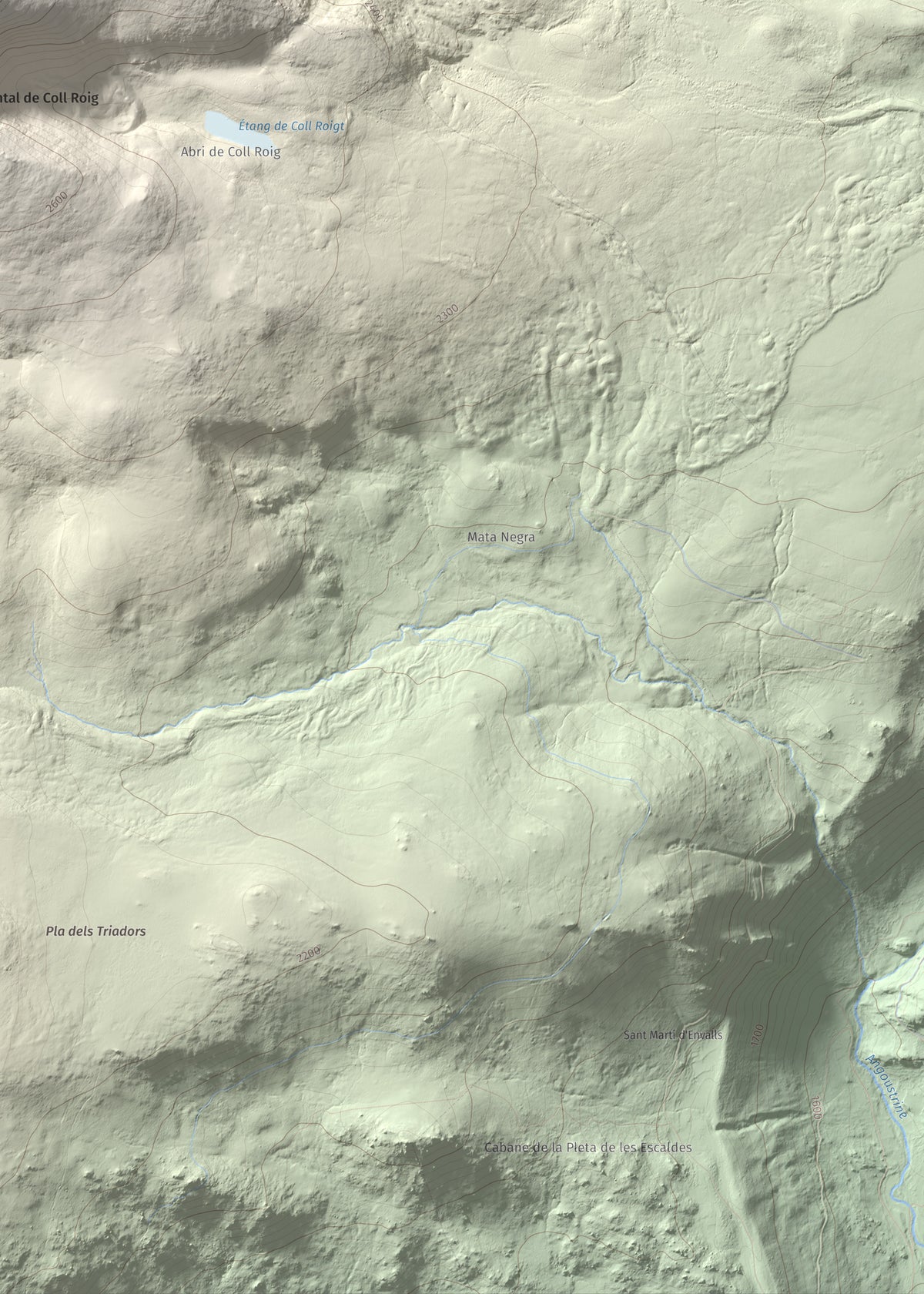 Mapa de relieve de Puig Occidental de Coll Roig, 2833 m, Cerdanya Nord, lámina 100 Cims de Trobart. Detalle de la zona inferior derecha. 50 × 70 cm.