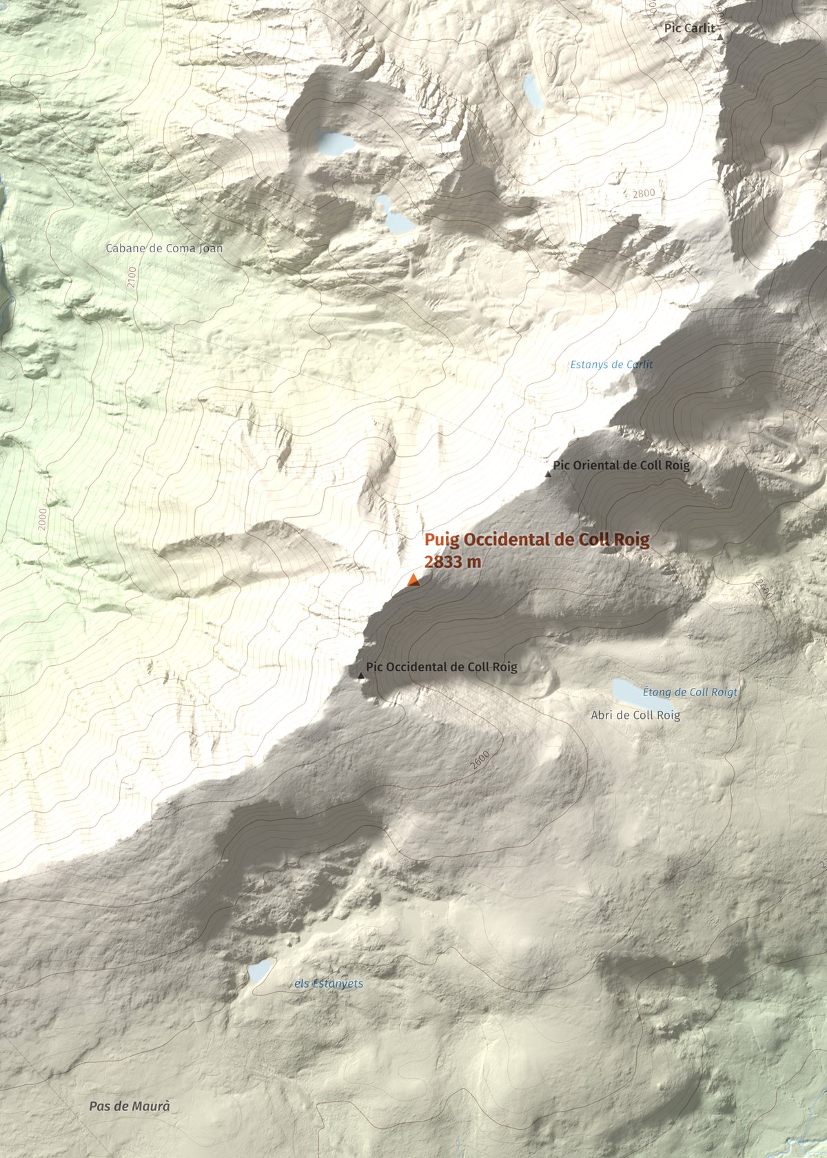 Mapa de relieve de Puig Occidental de Coll Roig, 2833 m, Cerdanya Nord, lámina 100 Cims de Trobart. Detalle de la zona central. 50 × 70 cm.