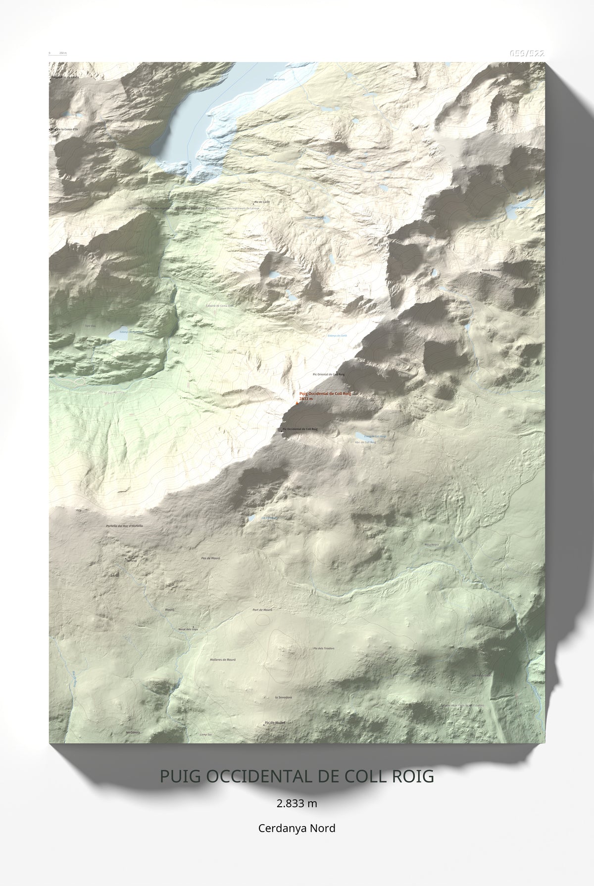 Mapa de relieve de Puig Occidental de Coll Roig, 2833 m, Cerdanya Nord, lámina 100 Cims de Trobart 61 × 91 cm.