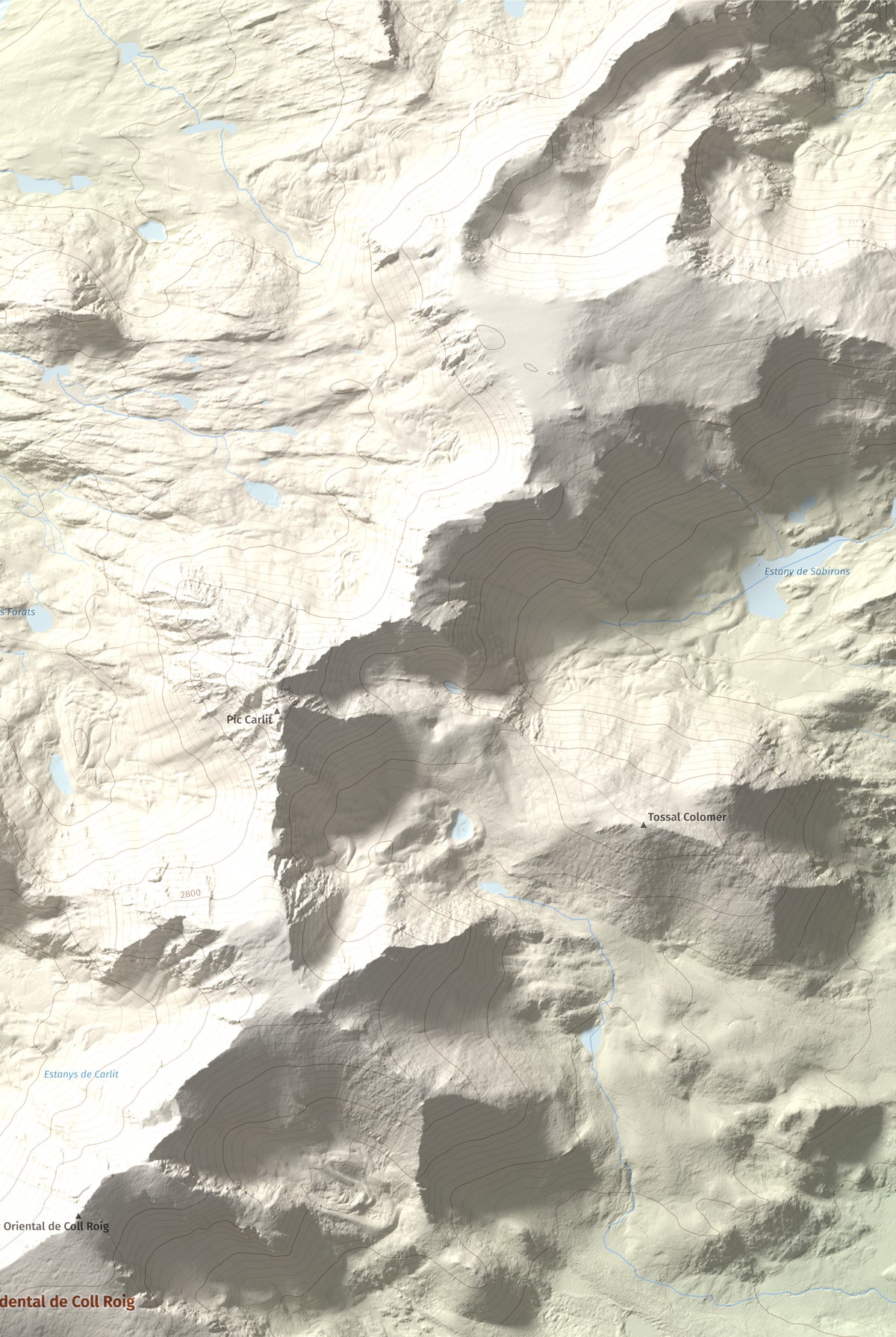 Mapa de relieve de Puig Occidental de Coll Roig, 2833 m, Cerdanya Nord, lámina 100 Cims de Trobart. Detalle de la zona superior derecha. 61 × 91 cm.