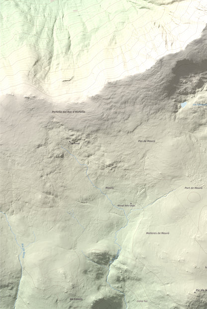 Mapa de relieve de Puig Occidental de Coll Roig, 2833 m, Cerdanya Nord, lámina 100 Cims de Trobart. Detalle de la zona inferior izquierda. 61 × 91 cm.