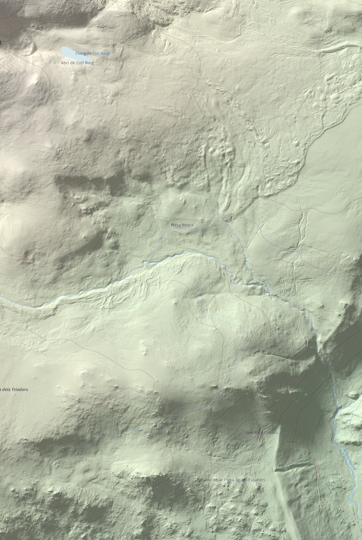 Mapa de relieve de Puig Occidental de Coll Roig, 2833 m, Cerdanya Nord, lámina 100 Cims de Trobart. Detalle de la zona inferior derecha. 61 × 91 cm.
