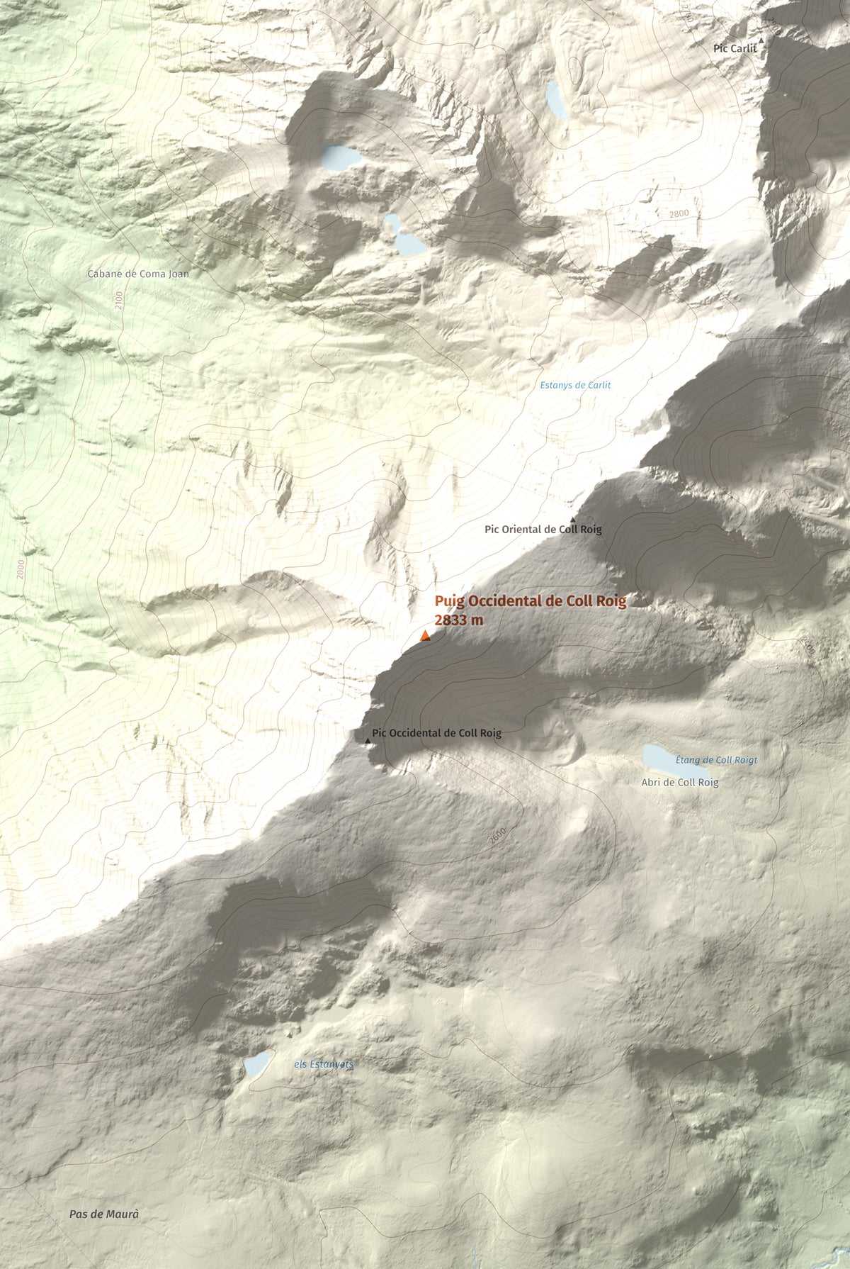 Mapa de relieve de Puig Occidental de Coll Roig, 2833 m, Cerdanya Nord, lámina 100 Cims de Trobart. Detalle de la zona central. 61 × 91 cm.