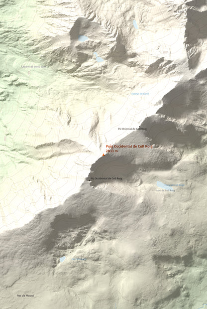 Mapa de relieve de Puig Occidental de Coll Roig, 2833 m, Cerdanya Nord, lámina 100 Cims de Trobart. Detalle de la zona central. 61 × 91 cm.