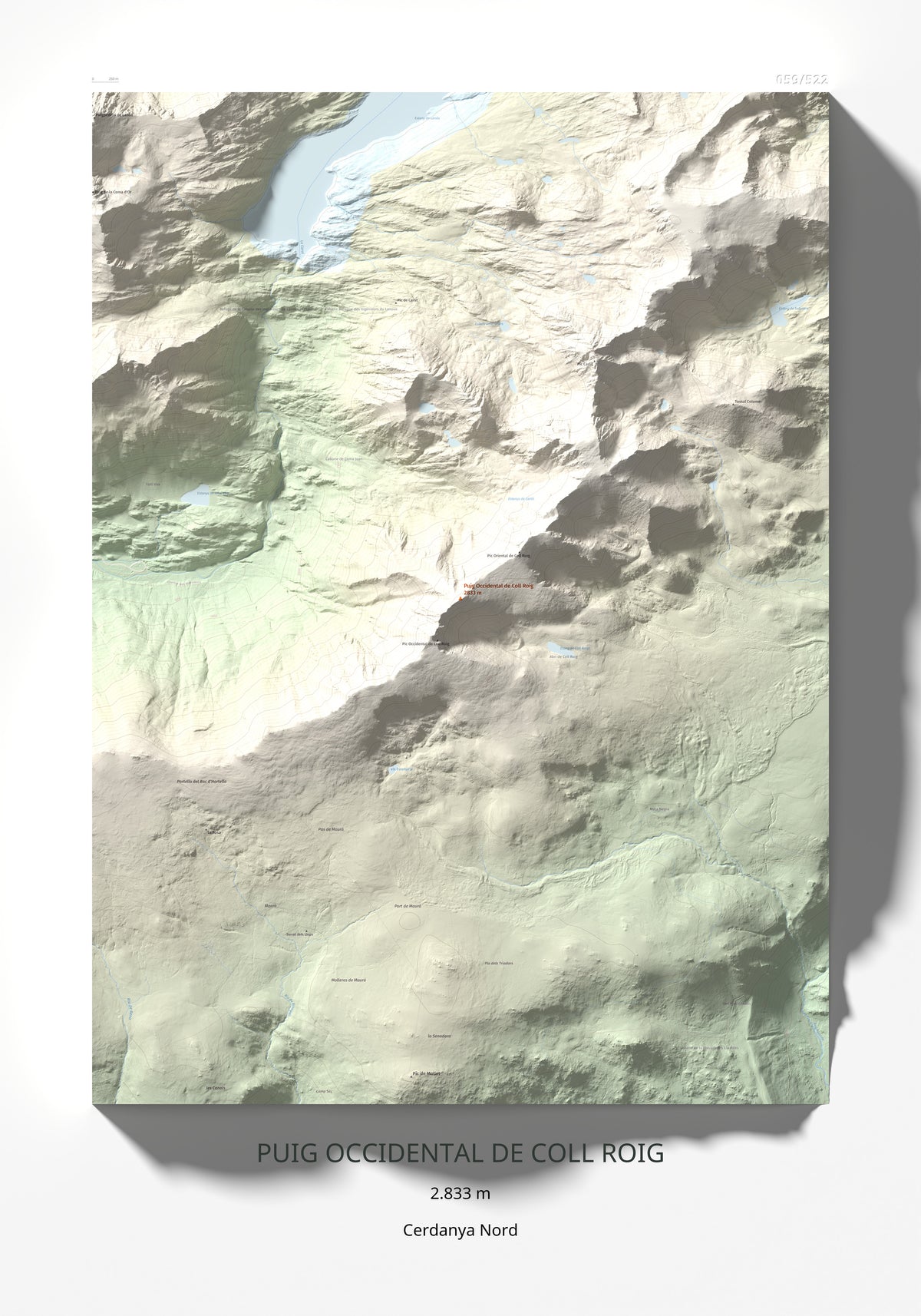 Mapa de relieve de Puig Occidental de Coll Roig, 2833 m, Cerdanya Nord, lámina 100 Cims de Trobart 70 × 100 cm.