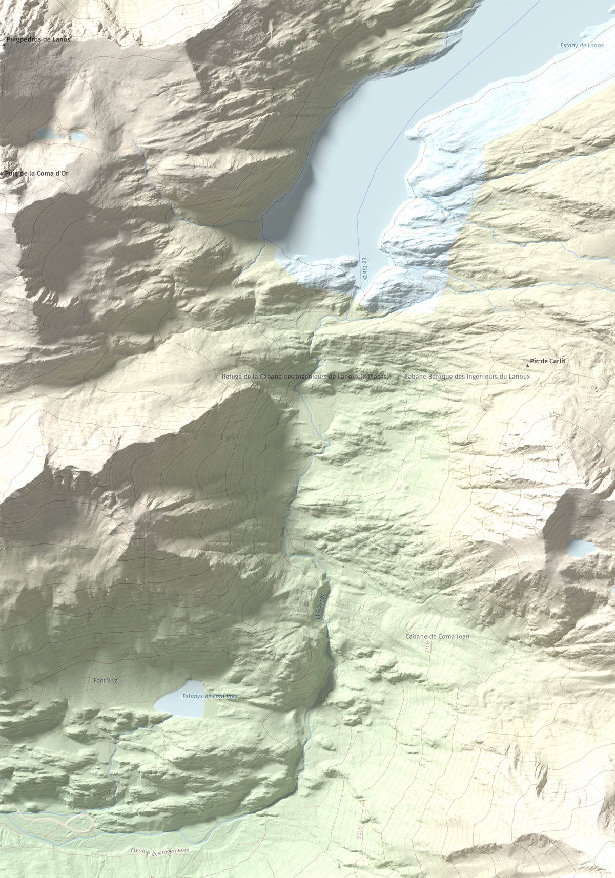 Mapa de relieve de Puig Occidental de Coll Roig, 2833 m, Cerdanya Nord, lámina 100 Cims de Trobart. Detalle de la zona superior izquierda. 70 × 100 cm.