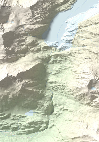 Mapa de relieve de Puig Occidental de Coll Roig, 2833 m, Cerdanya Nord, lámina 100 Cims de Trobart. Detalle de la zona superior izquierda. 70 × 100 cm.