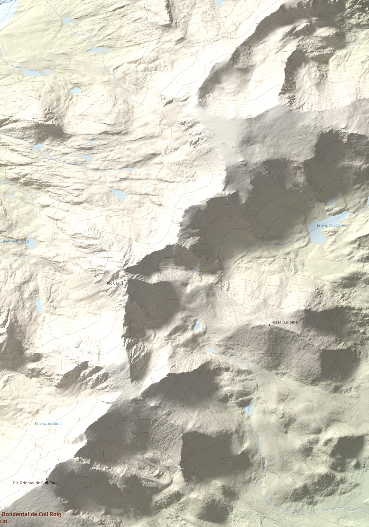 Mapa de relieve de Puig Occidental de Coll Roig, 2833 m, Cerdanya Nord, lámina 100 Cims de Trobart. Detalle de la zona superior derecha. 70 × 100 cm.