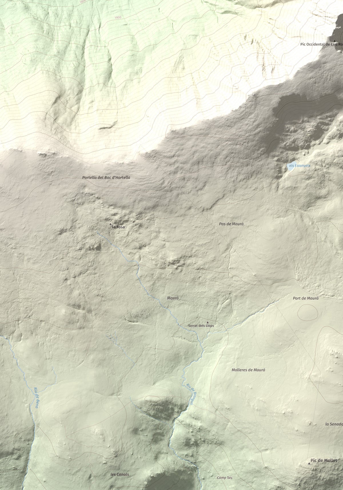 Mapa de relieve de Puig Occidental de Coll Roig, 2833 m, Cerdanya Nord, lámina 100 Cims de Trobart. Detalle de la zona inferior izquierda. 70 × 100 cm.