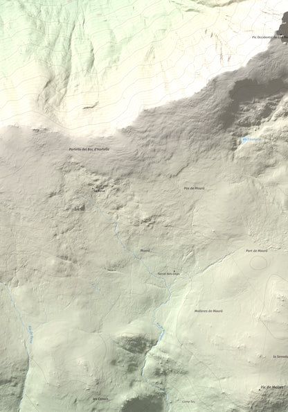 Mapa de relieve de Puig Occidental de Coll Roig, 2833 m, Cerdanya Nord, lámina 100 Cims de Trobart. Detalle de la zona inferior izquierda. 70 × 100 cm.