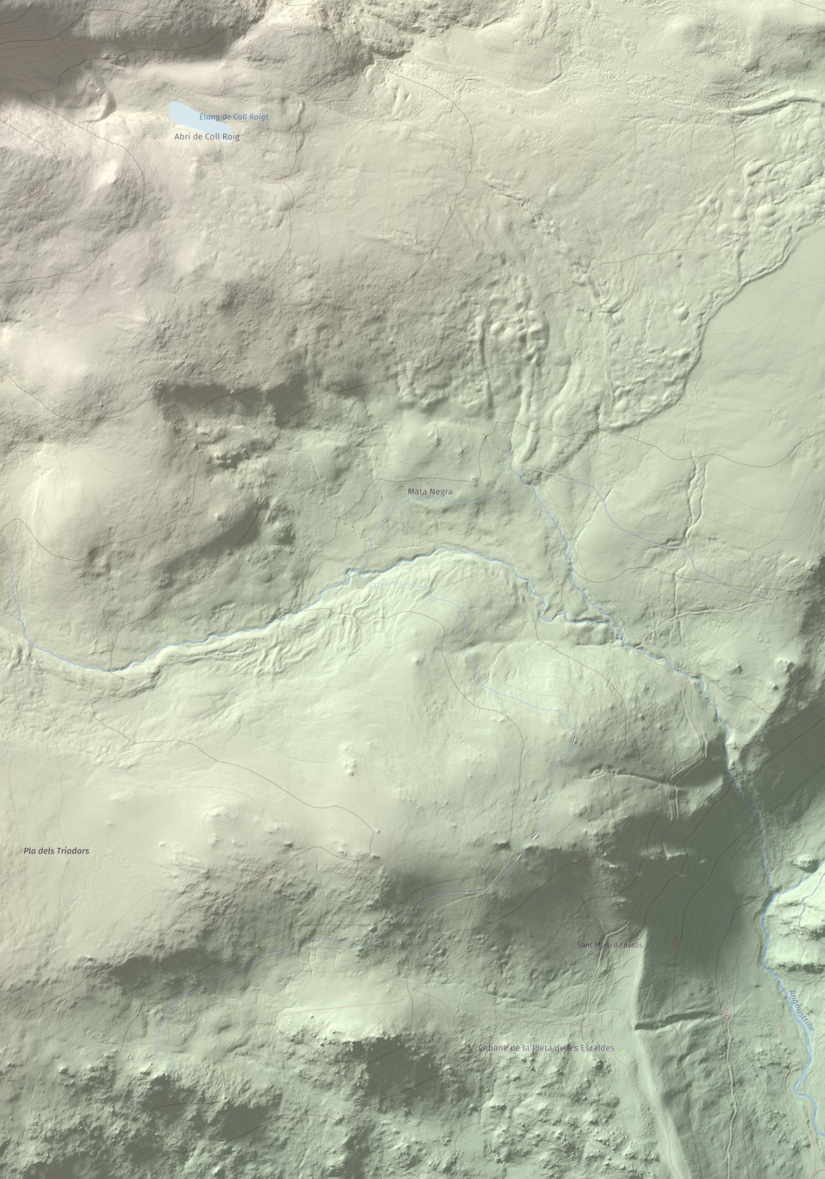 Mapa de relieve de Puig Occidental de Coll Roig, 2833 m, Cerdanya Nord, lámina 100 Cims de Trobart. Detalle de la zona inferior derecha. 70 × 100 cm.