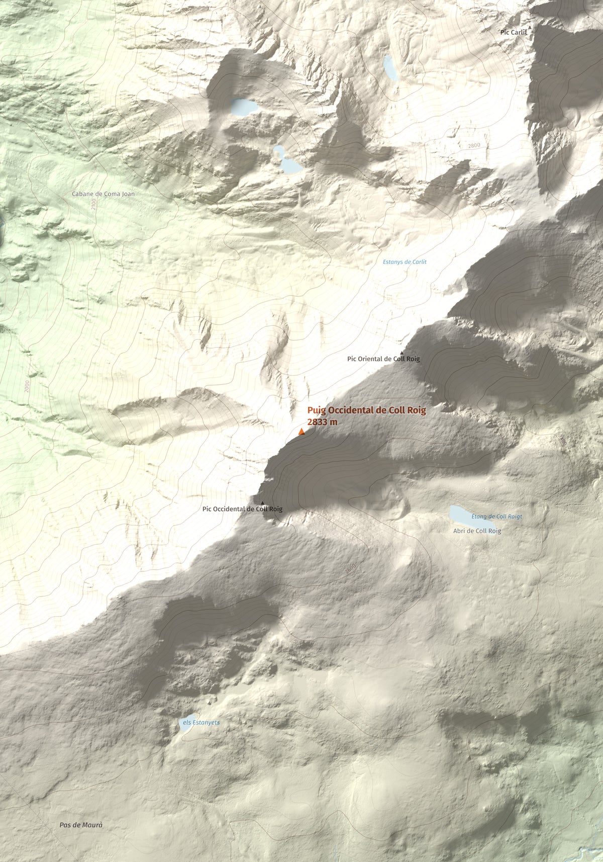 Mapa de relieve de Puig Occidental de Coll Roig, 2833 m, Cerdanya Nord, lámina 100 Cims de Trobart. Detalle de la zona central. 70 × 100 cm.