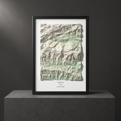 Mapa de relieve de Puig Ou, 1300 m, Garrotxa · Ripollès, lámina 100 Cims de Trobart. Presentación enmarcada. 21 × 30 cm.