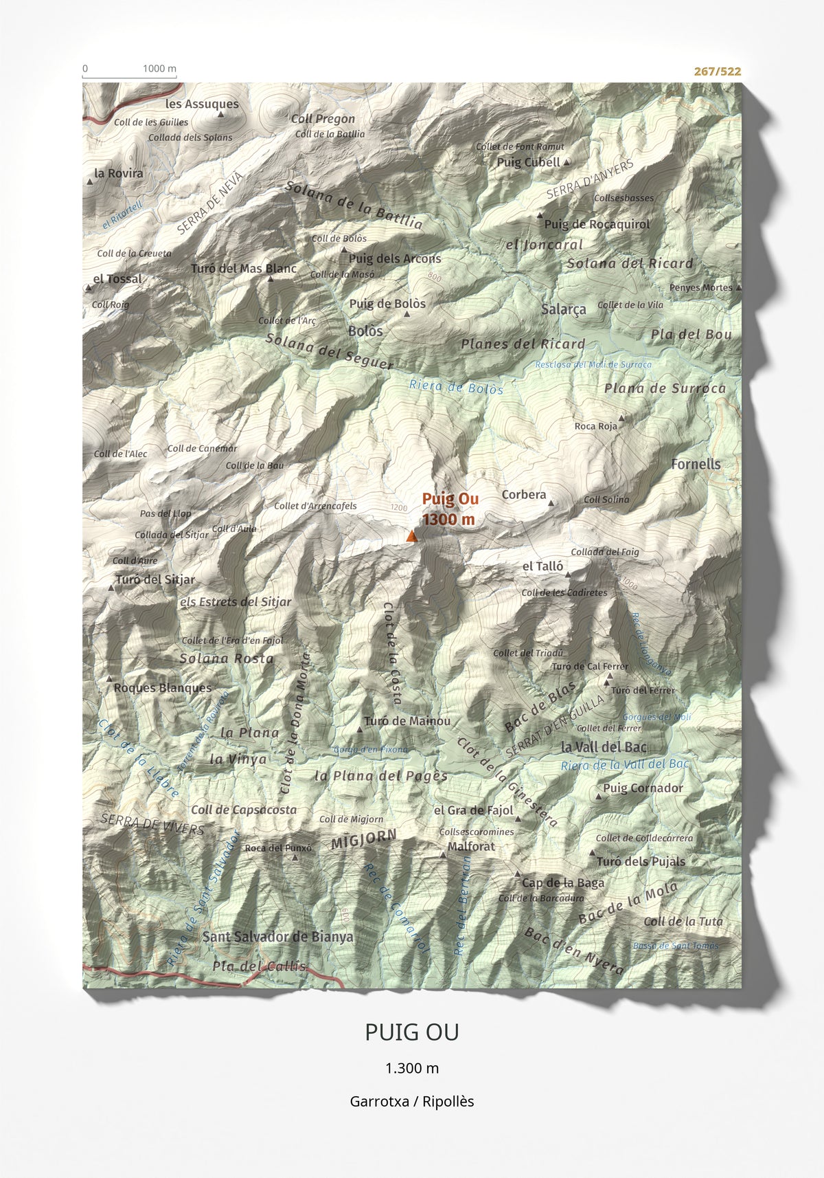 Mapa de relieve de Puig Ou, 1300 m, Garrotxa · Ripollès, lámina 100 Cims de Trobart 21 × 30 cm.