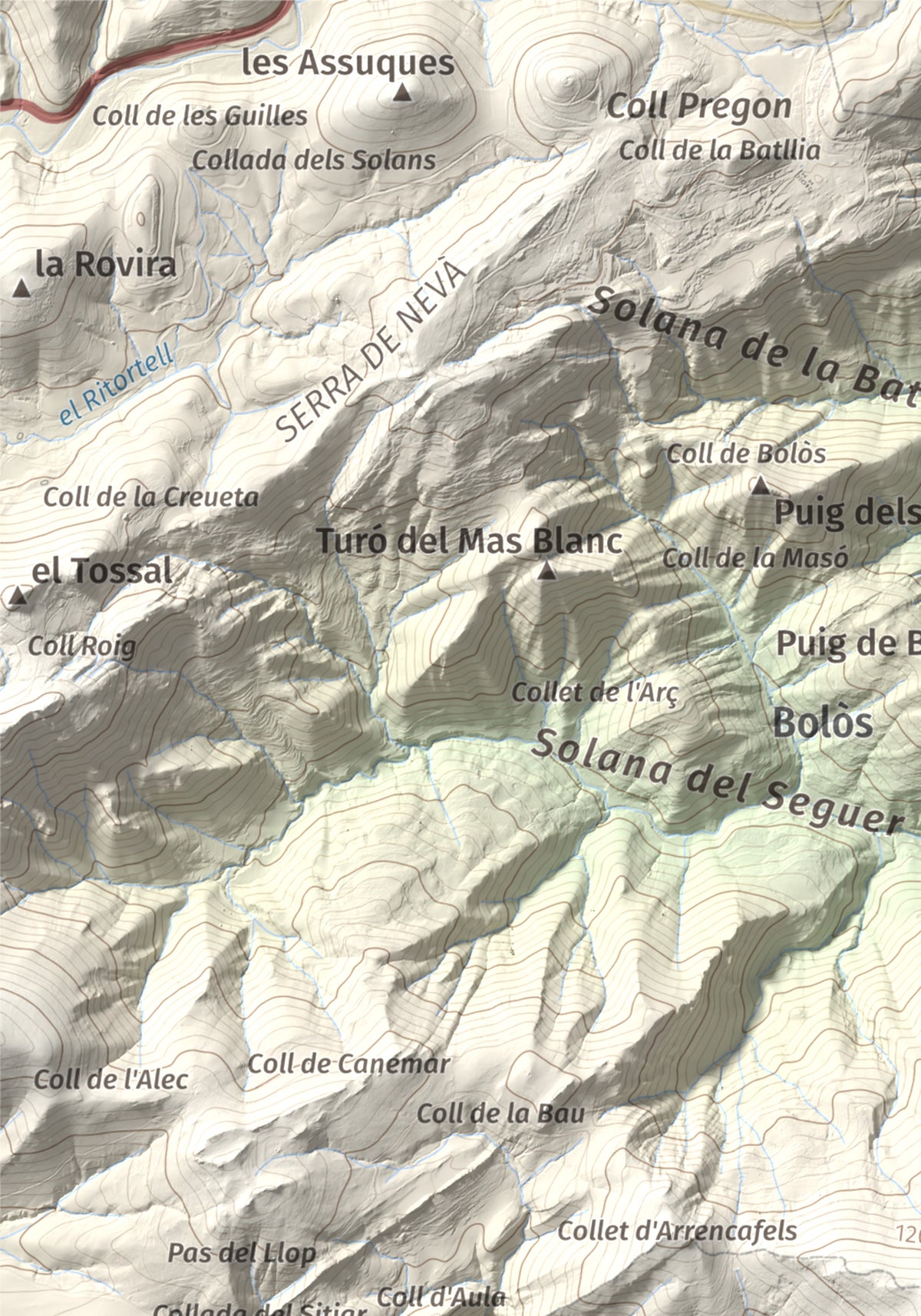 Mapa de relieve de Puig Ou, 1300 m, Garrotxa · Ripollès, lámina 100 Cims de Trobart. Detalle de la zona superior izquierda. 21 × 30 cm.