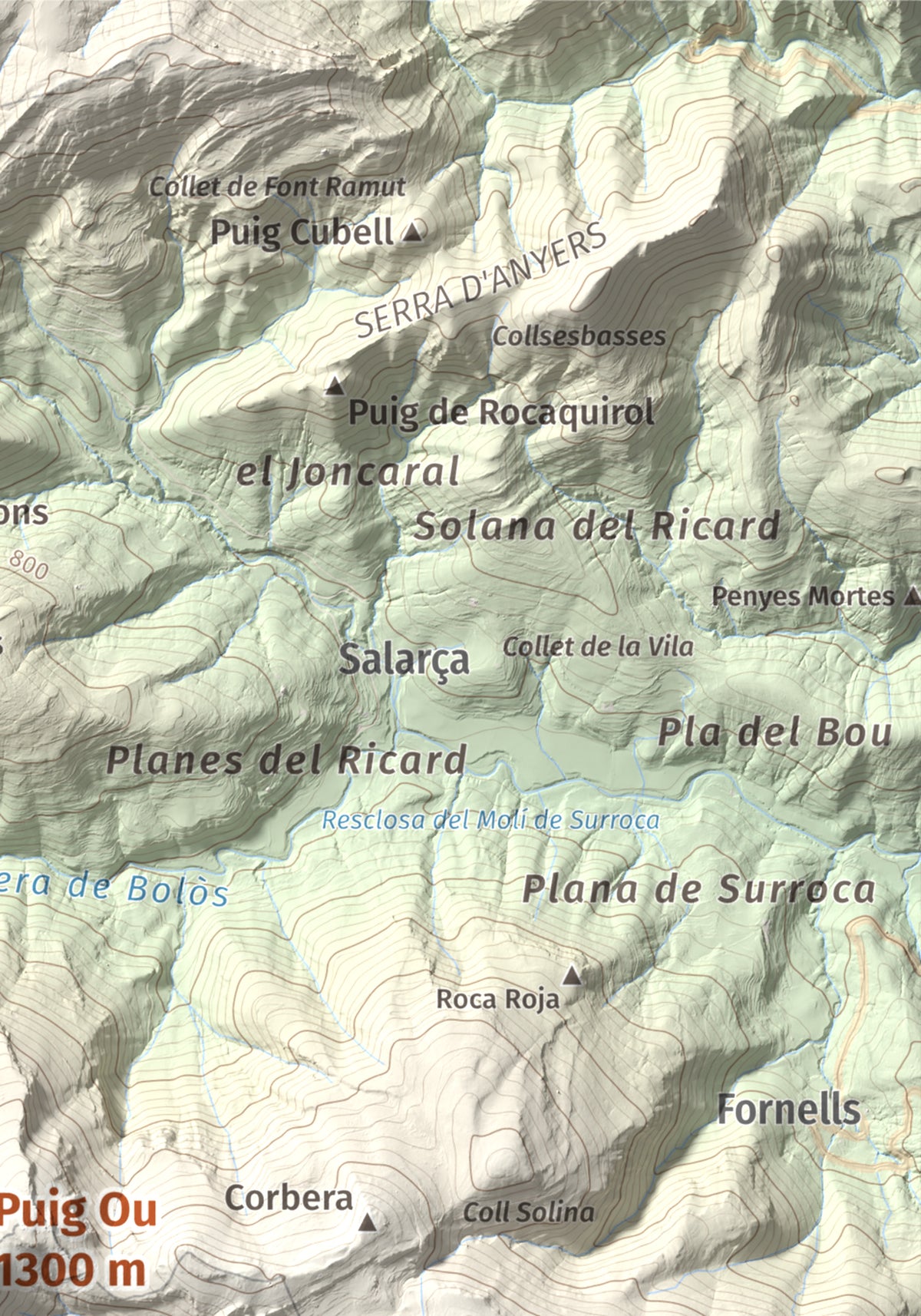 Mapa de relieve de Puig Ou, 1300 m, Garrotxa · Ripollès, lámina 100 Cims de Trobart. Detalle de la zona superior derecha. 21 × 30 cm.