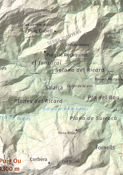 Mapa de relieve de Puig Ou, 1300 m, Garrotxa · Ripollès, lámina 100 Cims de Trobart. Detalle de la zona superior derecha. 21 × 30 cm.