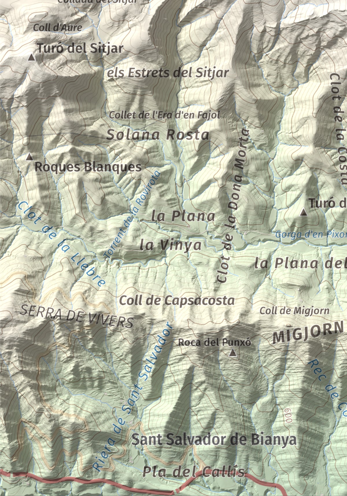 Mapa de relieve de Puig Ou, 1300 m, Garrotxa · Ripollès, lámina 100 Cims de Trobart. Detalle de la zona inferior izquierda. 21 × 30 cm.