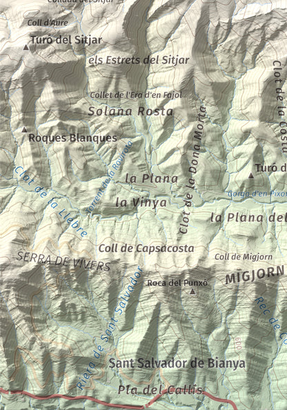 Mapa de relieve de Puig Ou, 1300 m, Garrotxa · Ripollès, lámina 100 Cims de Trobart. Detalle de la zona inferior izquierda. 21 × 30 cm.
