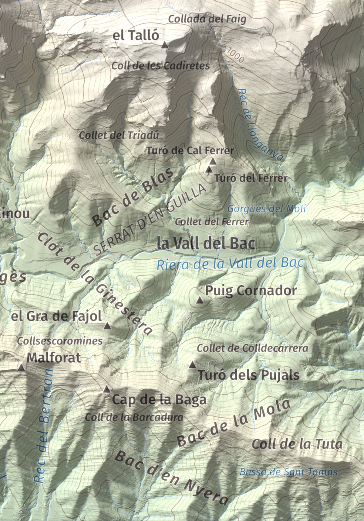 Mapa de relieve de Puig Ou, 1300 m, Garrotxa · Ripollès, lámina 100 Cims de Trobart. Detalle de la zona inferior derecha. 21 × 30 cm.