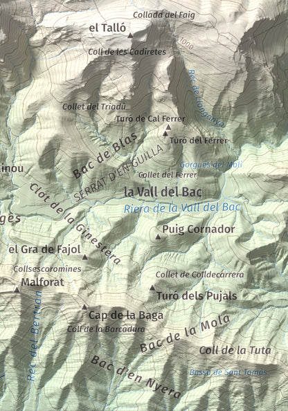 Mapa de relieve de Puig Ou, 1300 m, Garrotxa · Ripollès, lámina 100 Cims de Trobart. Detalle de la zona inferior derecha. 21 × 30 cm.