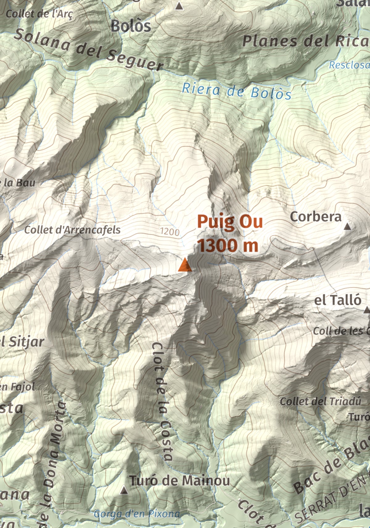 Mapa de relieve de Puig Ou, 1300 m, Garrotxa · Ripollès, lámina 100 Cims de Trobart. Detalle de la zona central. 21 × 30 cm.