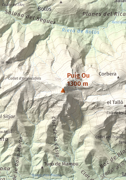 Mapa de relieve de Puig Ou, 1300 m, Garrotxa · Ripollès, lámina 100 Cims de Trobart. Detalle de la zona central. 21 × 30 cm.