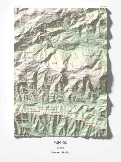 Mapa de relieve de Puig Ou, 1300 m, Garrotxa · Ripollès, lámina 100 Cims de Trobart 30 × 40 cm.