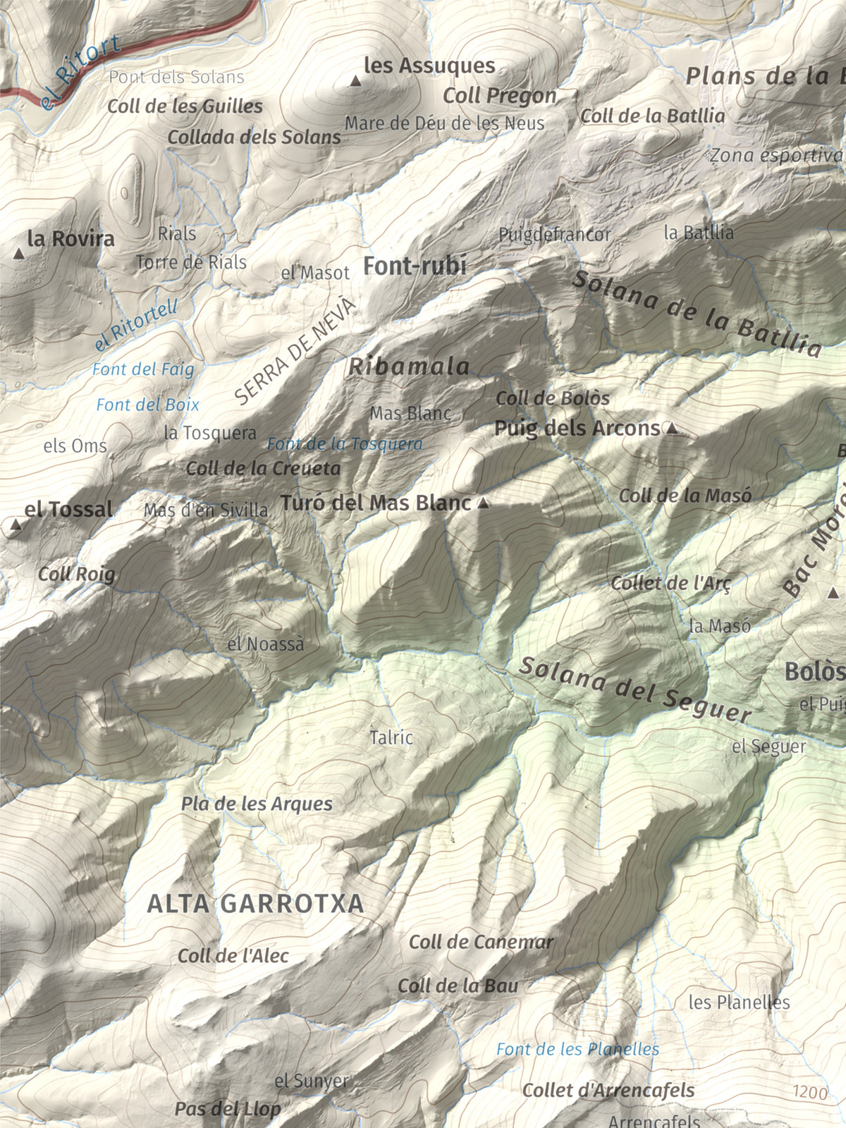 Mapa de relieve de Puig Ou, 1300 m, Garrotxa · Ripollès, lámina 100 Cims de Trobart. Detalle de la zona superior izquierda. 30 × 40 cm.
