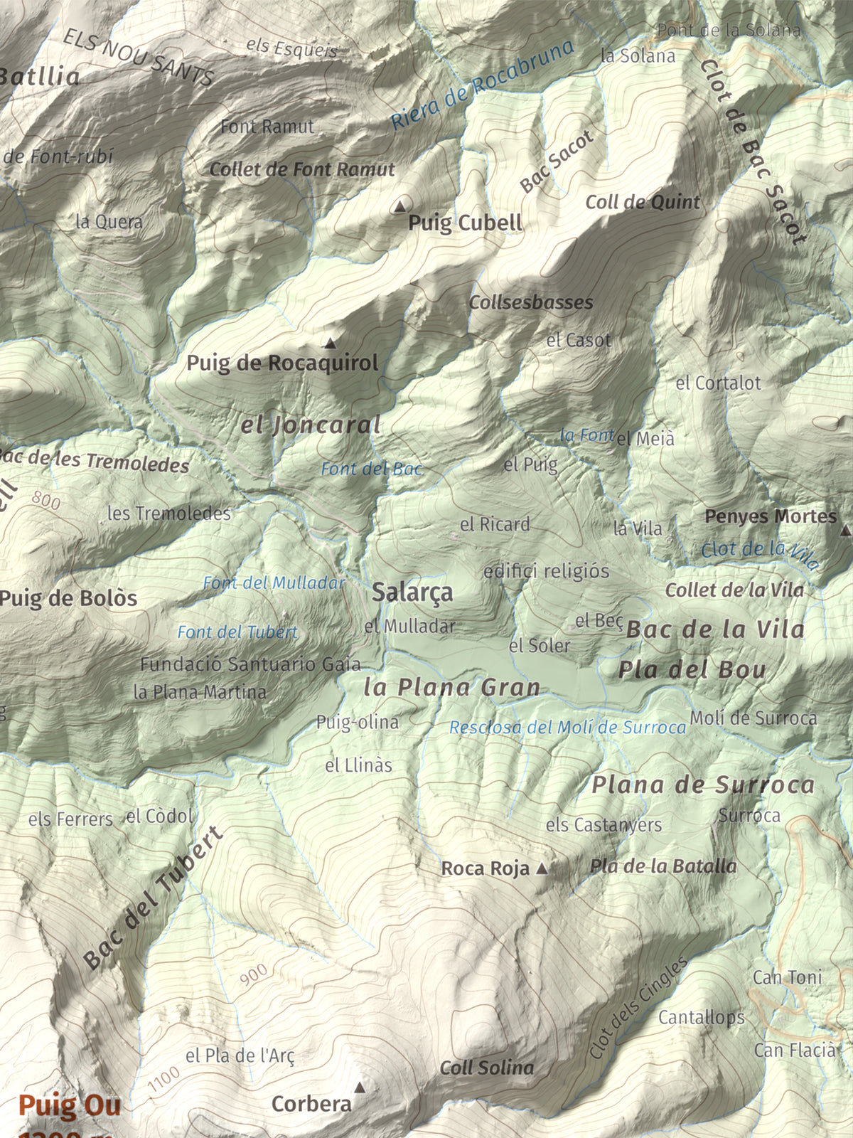 Mapa de relieve de Puig Ou, 1300 m, Garrotxa · Ripollès, lámina 100 Cims de Trobart. Detalle de la zona superior derecha. 30 × 40 cm.