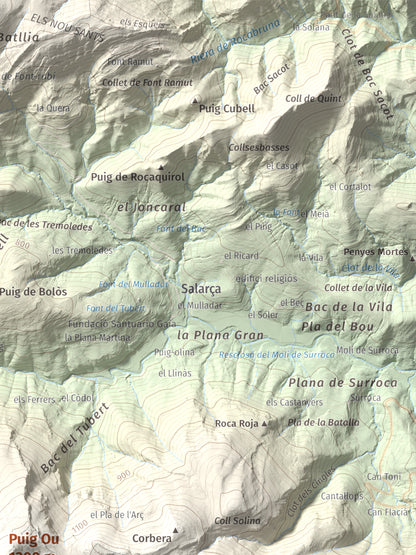 Mapa de relieve de Puig Ou, 1300 m, Garrotxa · Ripollès, lámina 100 Cims de Trobart. Detalle de la zona superior derecha. 30 × 40 cm.