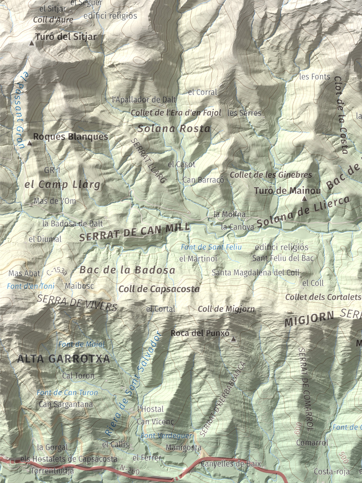 Mapa de relieve de Puig Ou, 1300 m, Garrotxa · Ripollès, lámina 100 Cims de Trobart. Detalle de la zona inferior izquierda. 30 × 40 cm.