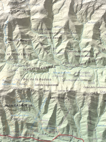 Mapa de relieve de Puig Ou, 1300 m, Garrotxa · Ripollès, lámina 100 Cims de Trobart. Detalle de la zona inferior izquierda. 30 × 40 cm.