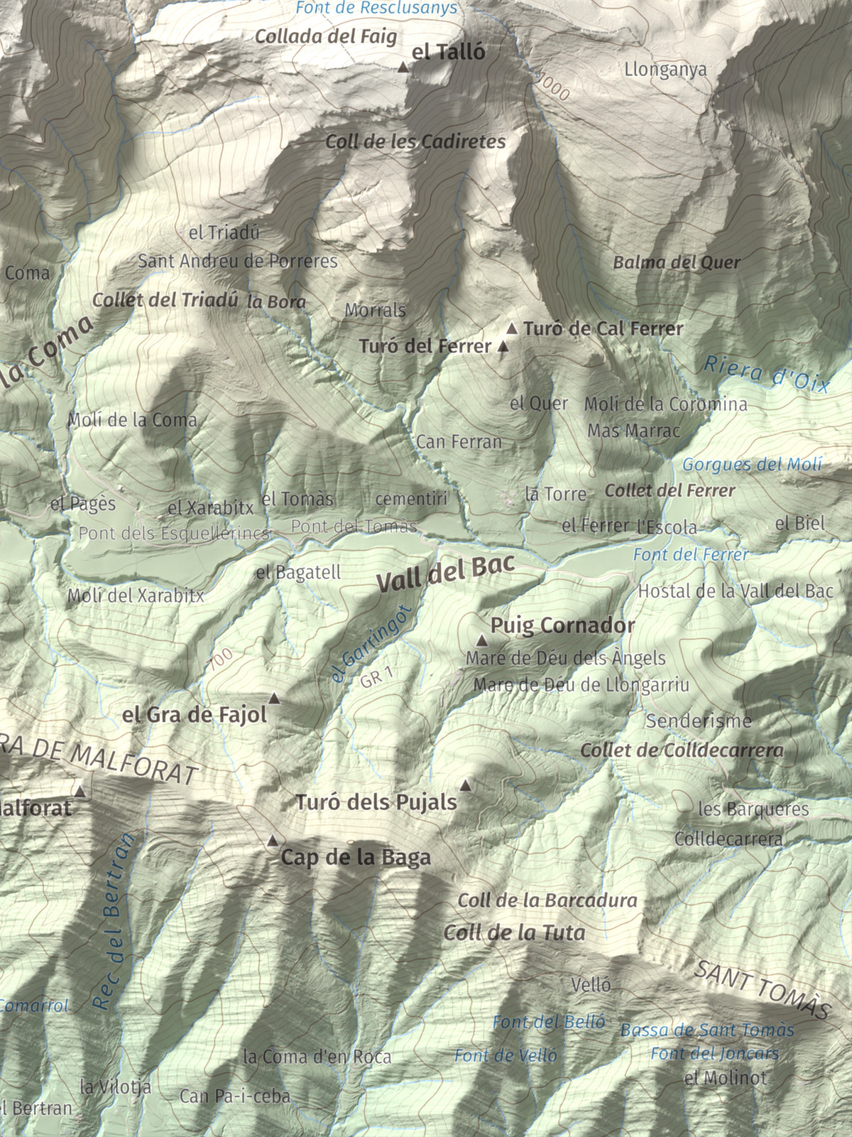 Mapa de relieve de Puig Ou, 1300 m, Garrotxa · Ripollès, lámina 100 Cims de Trobart. Detalle de la zona inferior derecha. 30 × 40 cm.