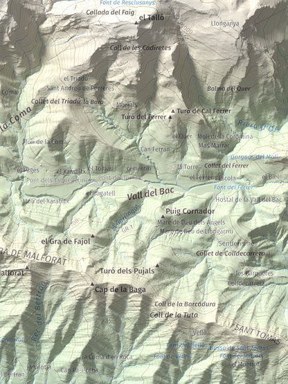 Mapa de relieve de Puig Ou, 1300 m, Garrotxa · Ripollès, lámina 100 Cims de Trobart. Detalle de la zona inferior derecha. 30 × 40 cm.