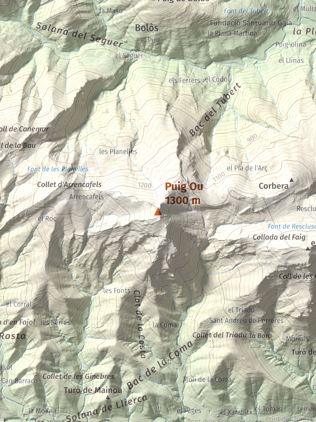 Mapa de relieve de Puig Ou, 1300 m, Garrotxa · Ripollès, lámina 100 Cims de Trobart. Detalle de la zona central. 30 × 40 cm.