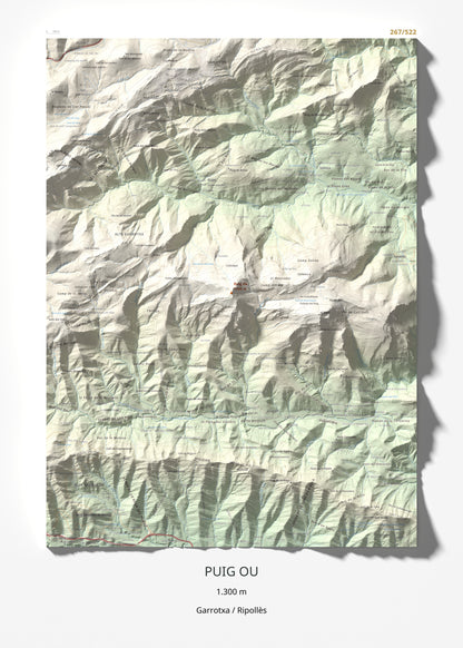 Mapa de relieve de Puig Ou, 1300 m, Garrotxa · Ripollès, lámina 100 Cims de Trobart 50 × 70 cm.
