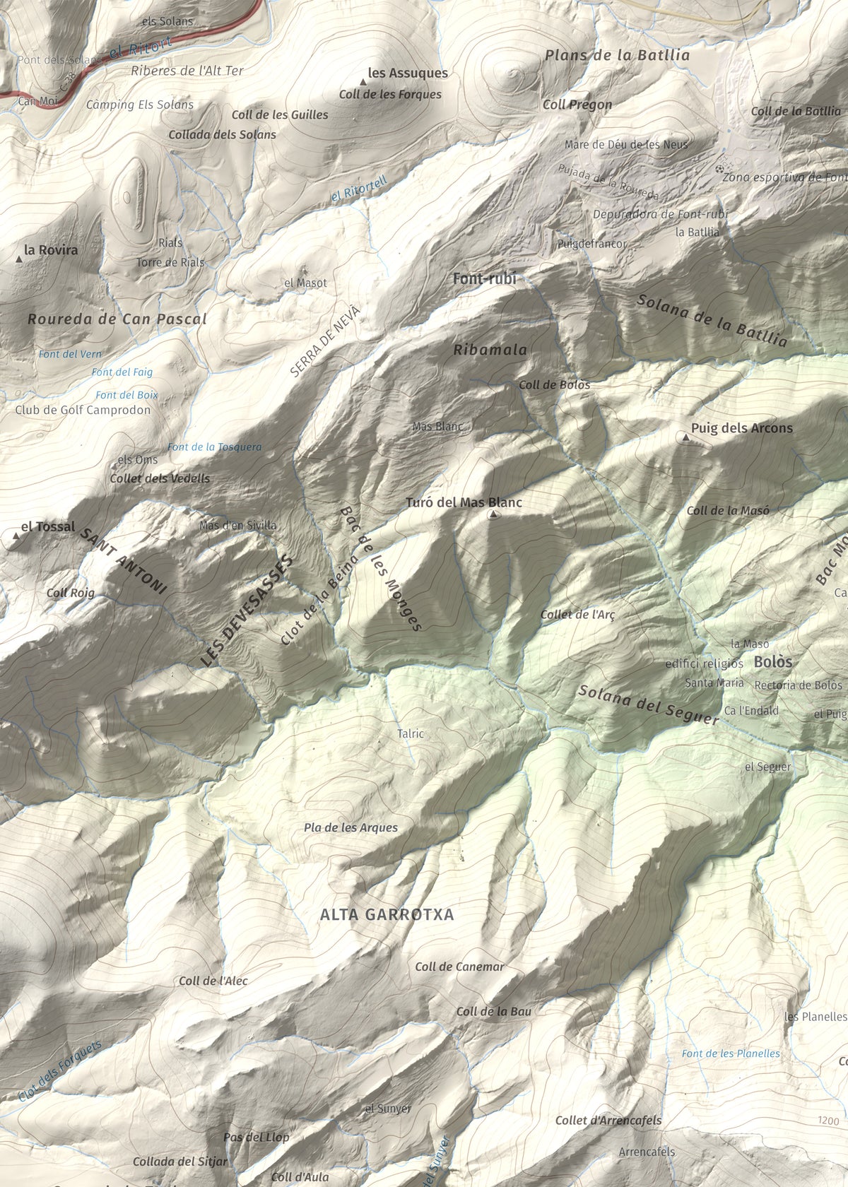 Mapa de relieve de Puig Ou, 1300 m, Garrotxa · Ripollès, lámina 100 Cims de Trobart. Detalle de la zona superior izquierda. 50 × 70 cm.