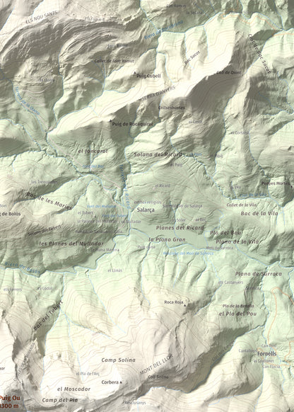 Mapa de relieve de Puig Ou, 1300 m, Garrotxa · Ripollès, lámina 100 Cims de Trobart. Detalle de la zona superior derecha. 50 × 70 cm.