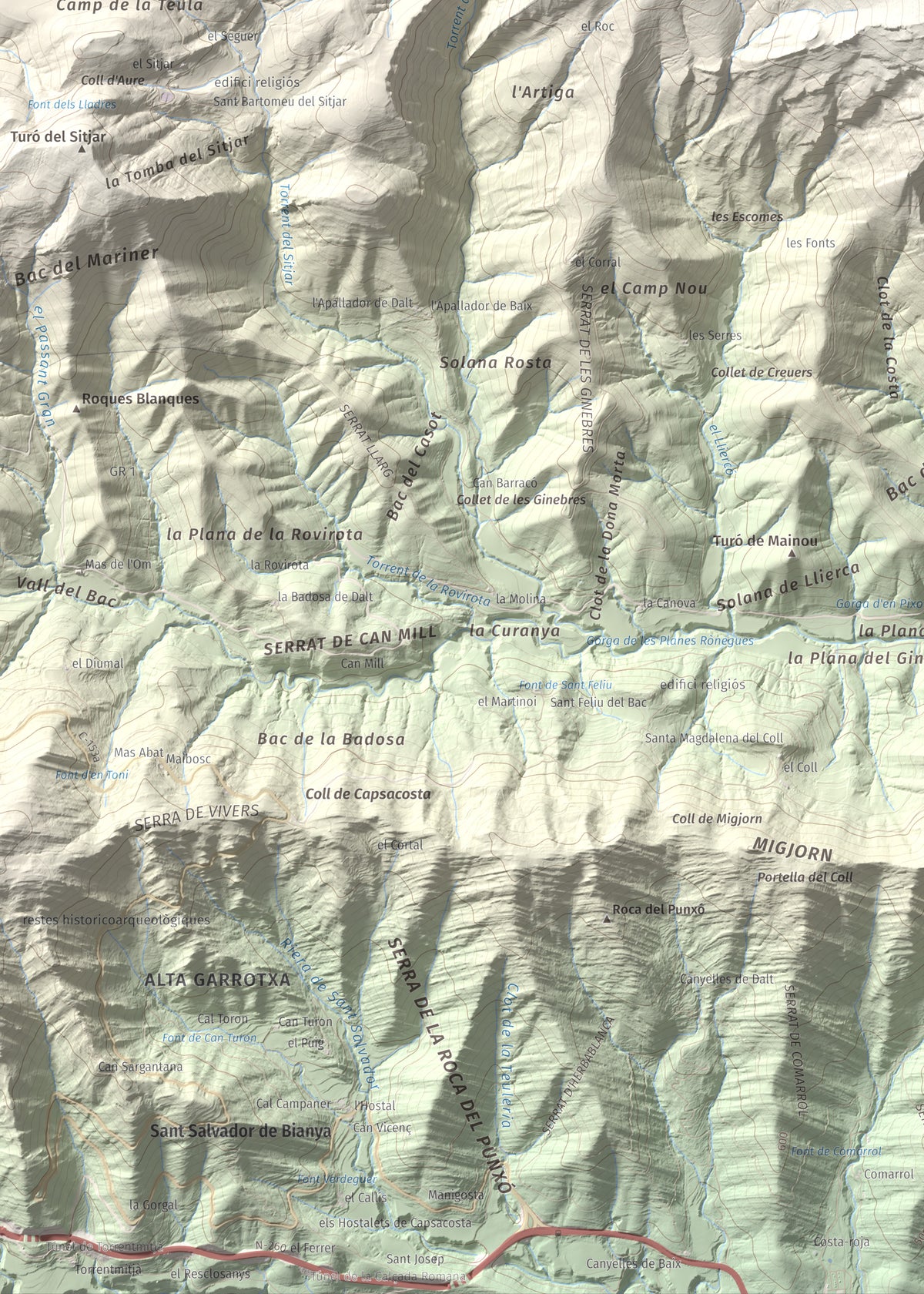 Mapa de relieve de Puig Ou, 1300 m, Garrotxa · Ripollès, lámina 100 Cims de Trobart. Detalle de la zona inferior izquierda. 50 × 70 cm.