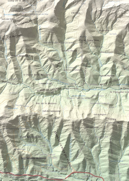 Mapa de relieve de Puig Ou, 1300 m, Garrotxa · Ripollès, lámina 100 Cims de Trobart. Detalle de la zona inferior izquierda. 50 × 70 cm.