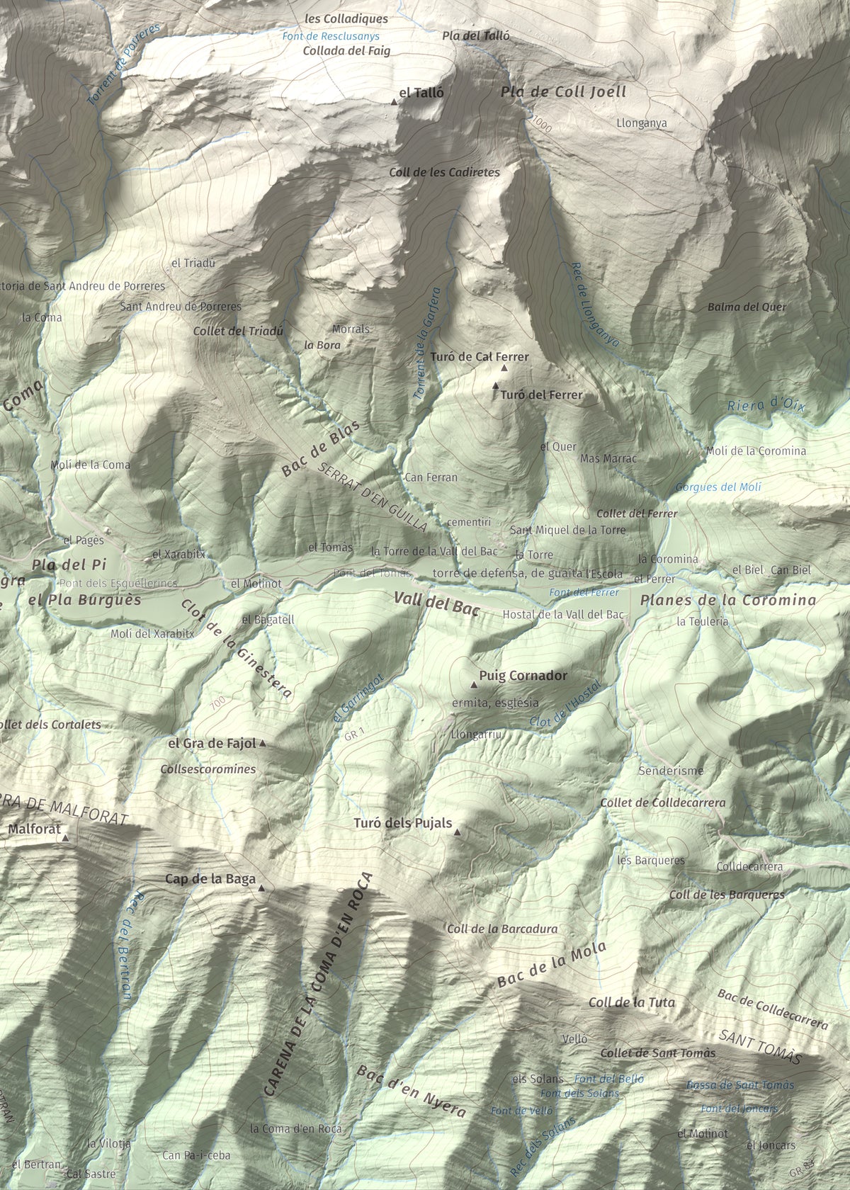 Mapa de relieve de Puig Ou, 1300 m, Garrotxa · Ripollès, lámina 100 Cims de Trobart. Detalle de la zona inferior derecha. 50 × 70 cm.
