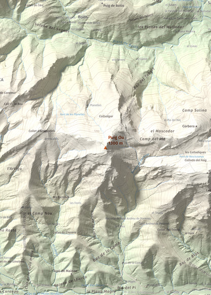 Mapa de relieve de Puig Ou, 1300 m, Garrotxa · Ripollès, lámina 100 Cims de Trobart. Detalle de la zona central. 50 × 70 cm.