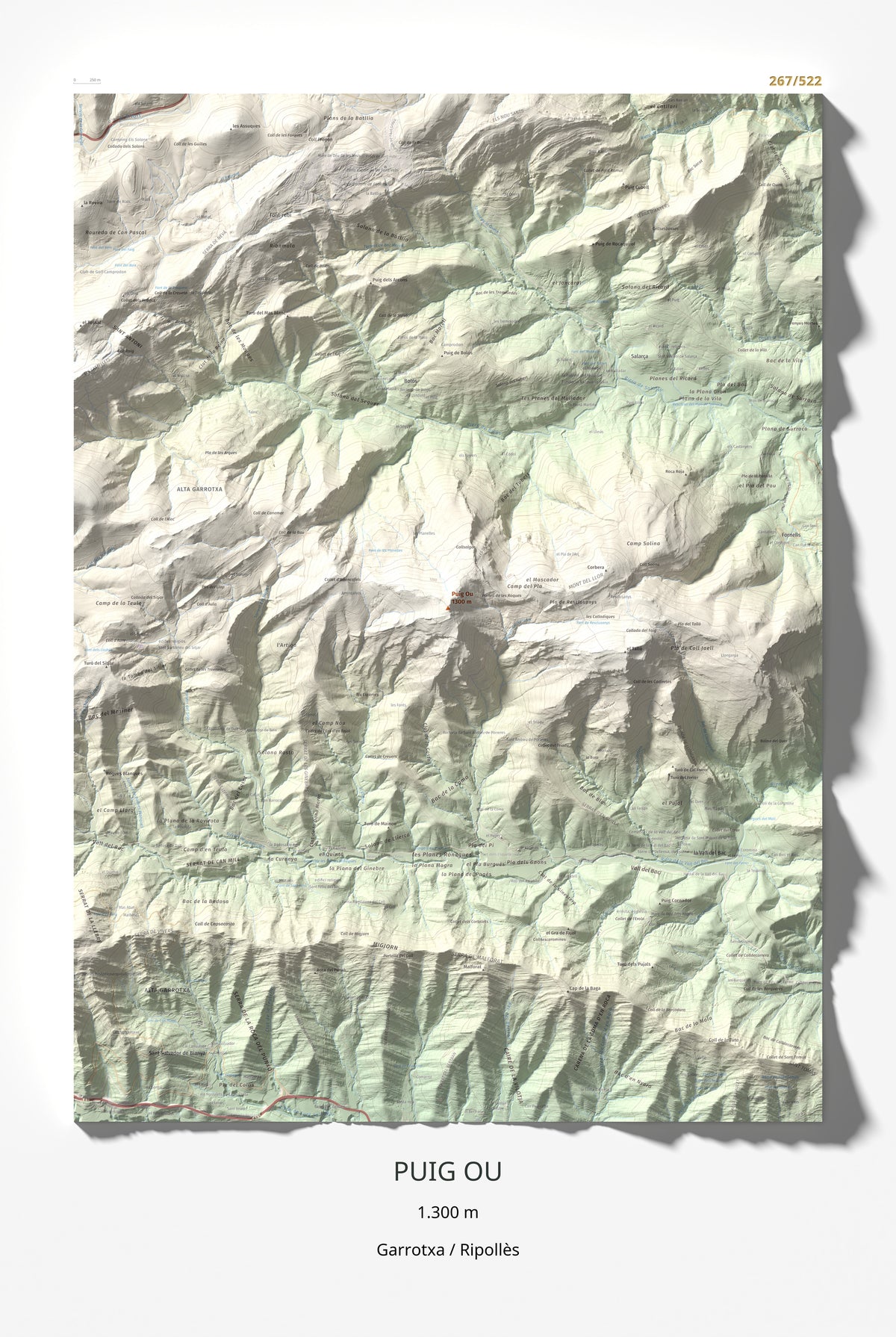 Mapa de relieve de Puig Ou, 1300 m, Garrotxa · Ripollès, lámina 100 Cims de Trobart 61 × 91 cm.