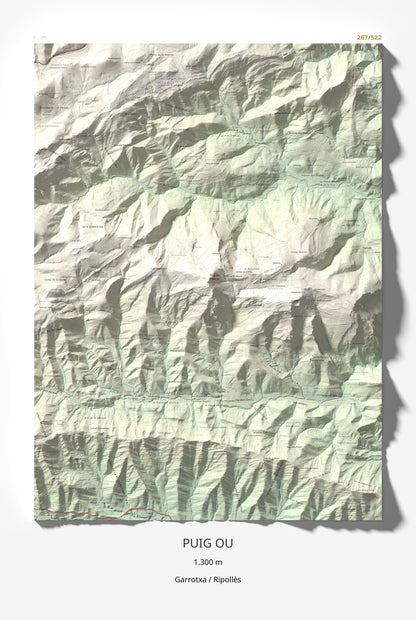 Mapa de relieve de Puig Ou, 1300 m, Garrotxa · Ripollès, lámina 100 Cims de Trobart 61 × 91 cm.
