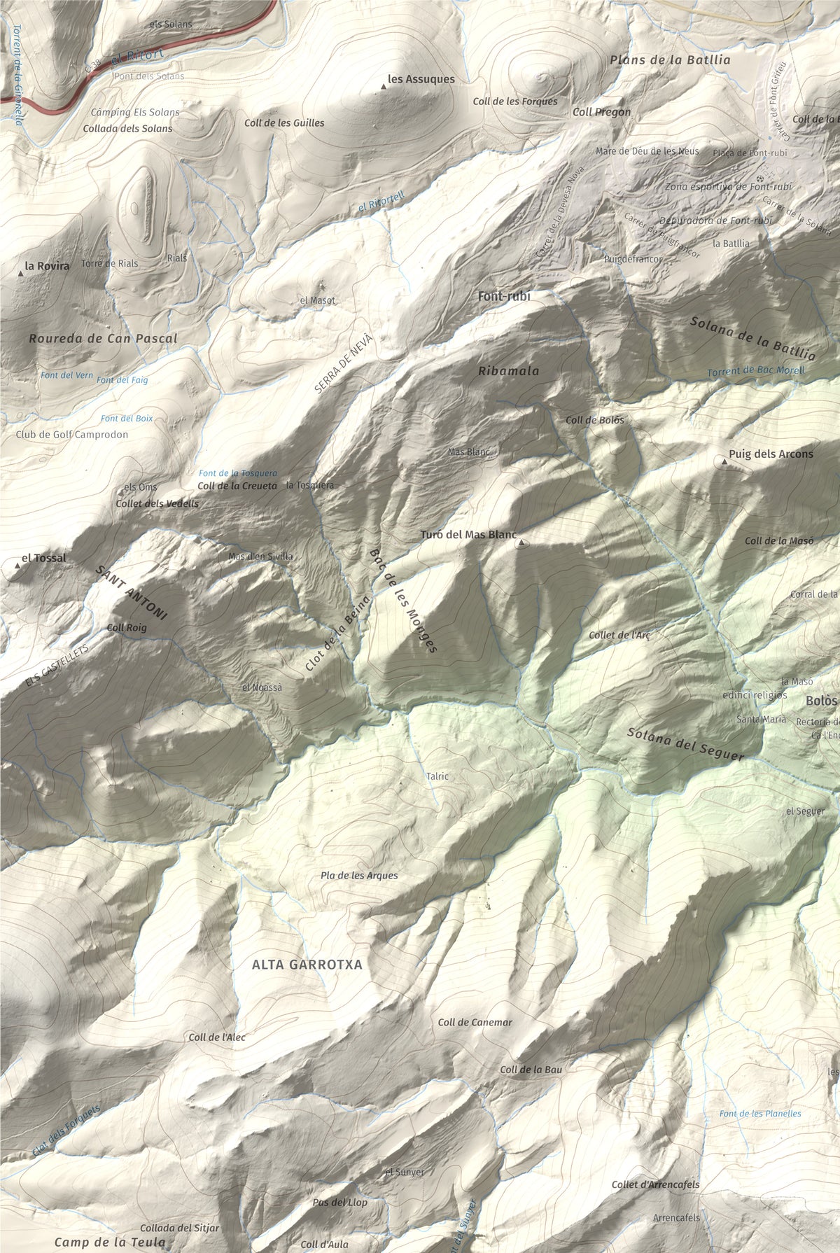 Mapa de relieve de Puig Ou, 1300 m, Garrotxa · Ripollès, lámina 100 Cims de Trobart. Detalle de la zona superior izquierda. 61 × 91 cm.